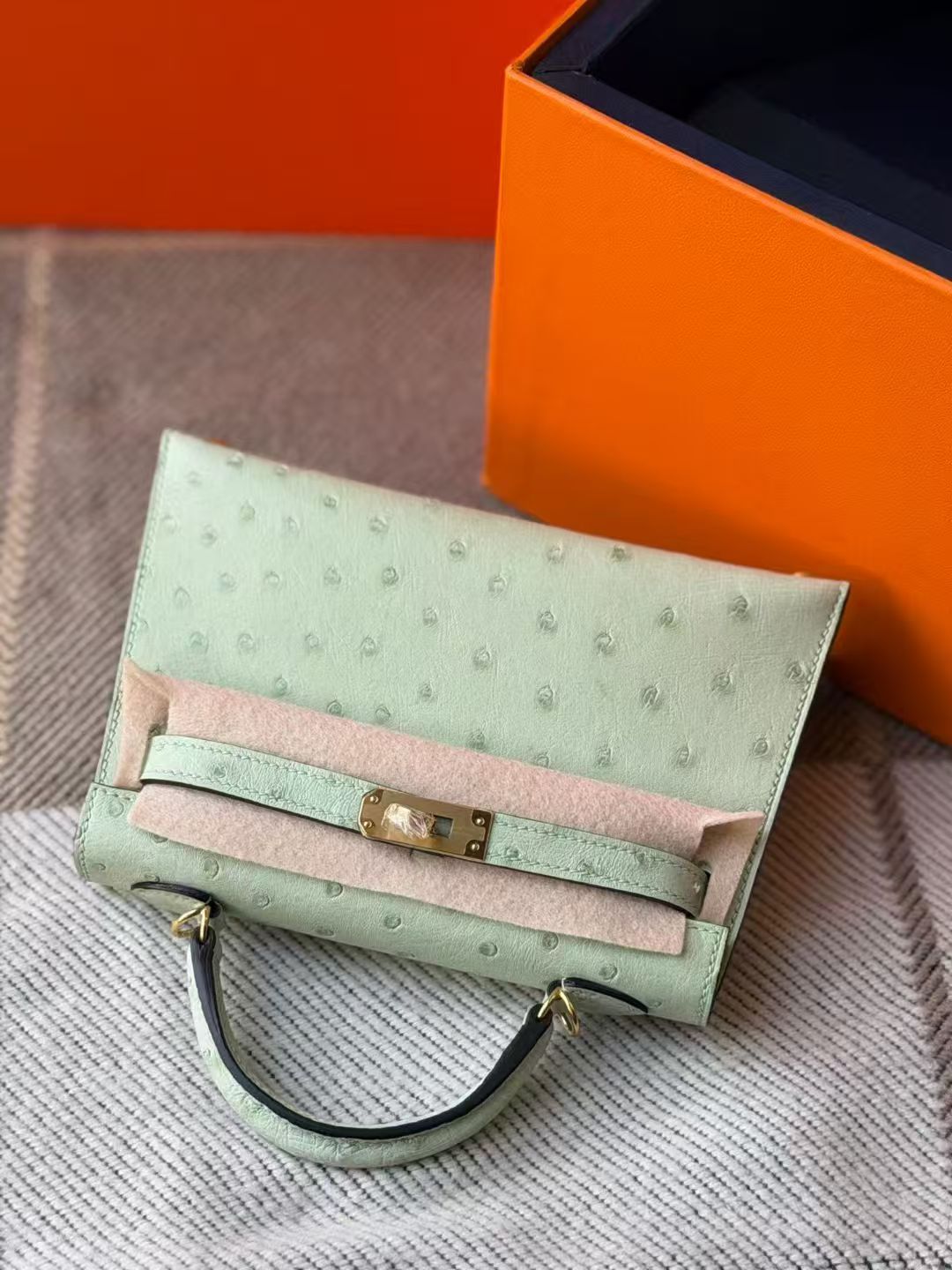 Hermes Mini Kelly  #3i Vert Criquet   Ostrich