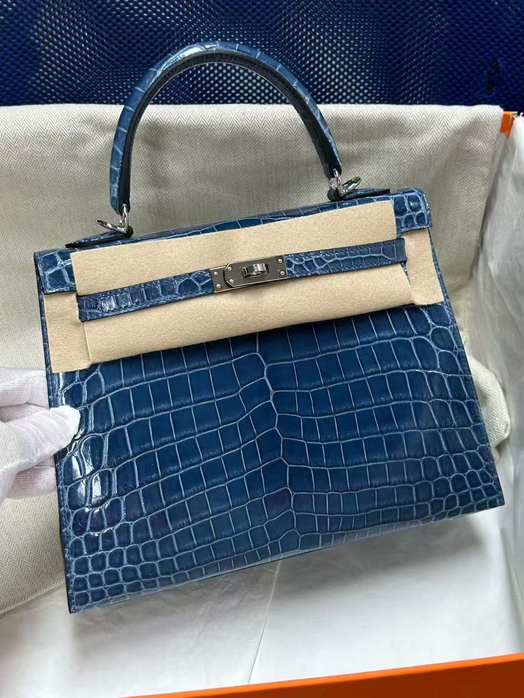 Crocodile skin Kelly sapphire blue 25-30cm