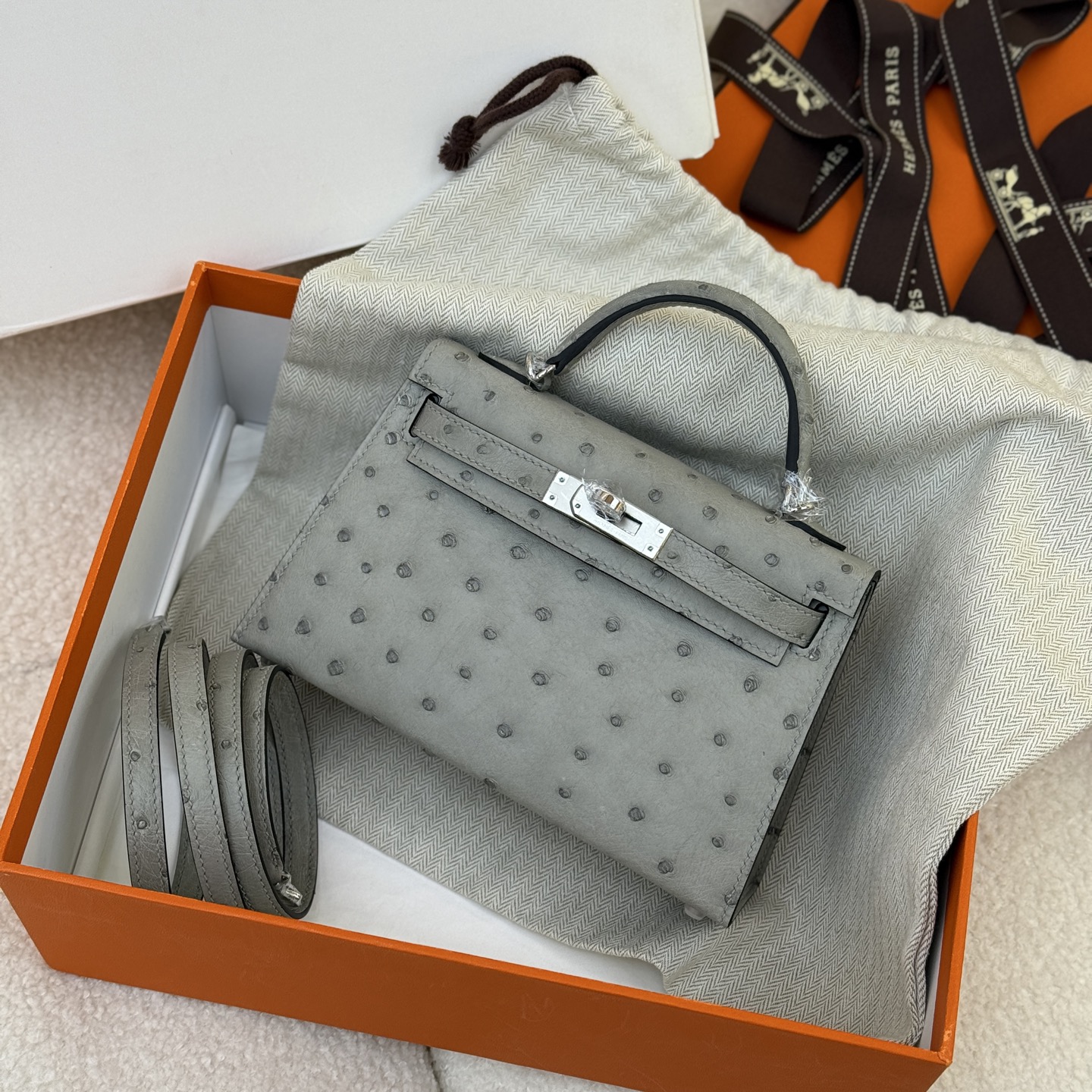 Hermes Mini Kelly #8U Blue glacier  Ostrich