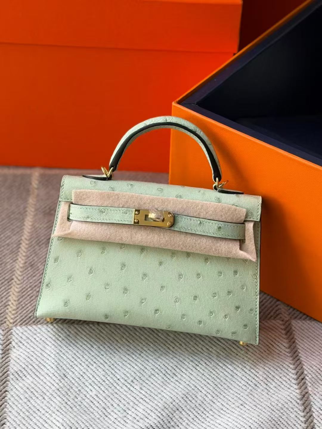 Hermes Mini Kelly  #3i Vert Criquet   Ostrich