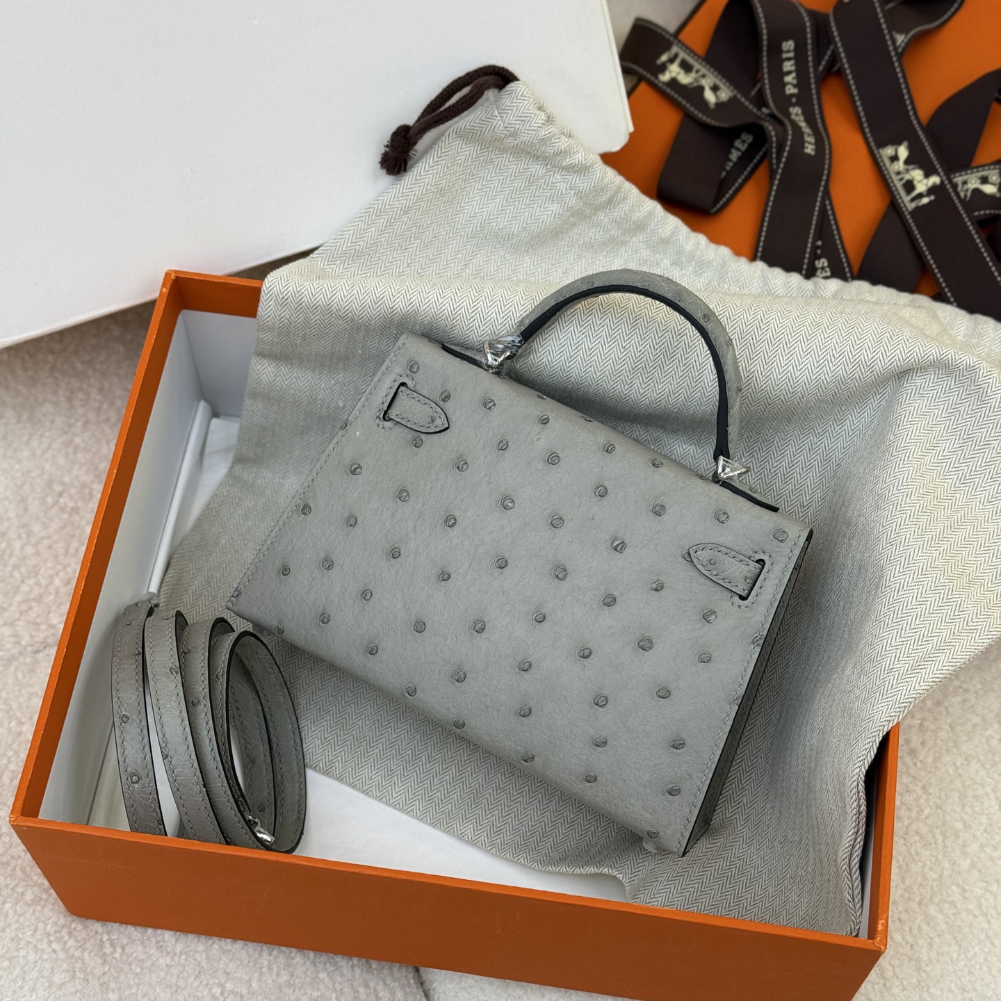 Hermes Mini Kelly #8U Blue glacier  Ostrich