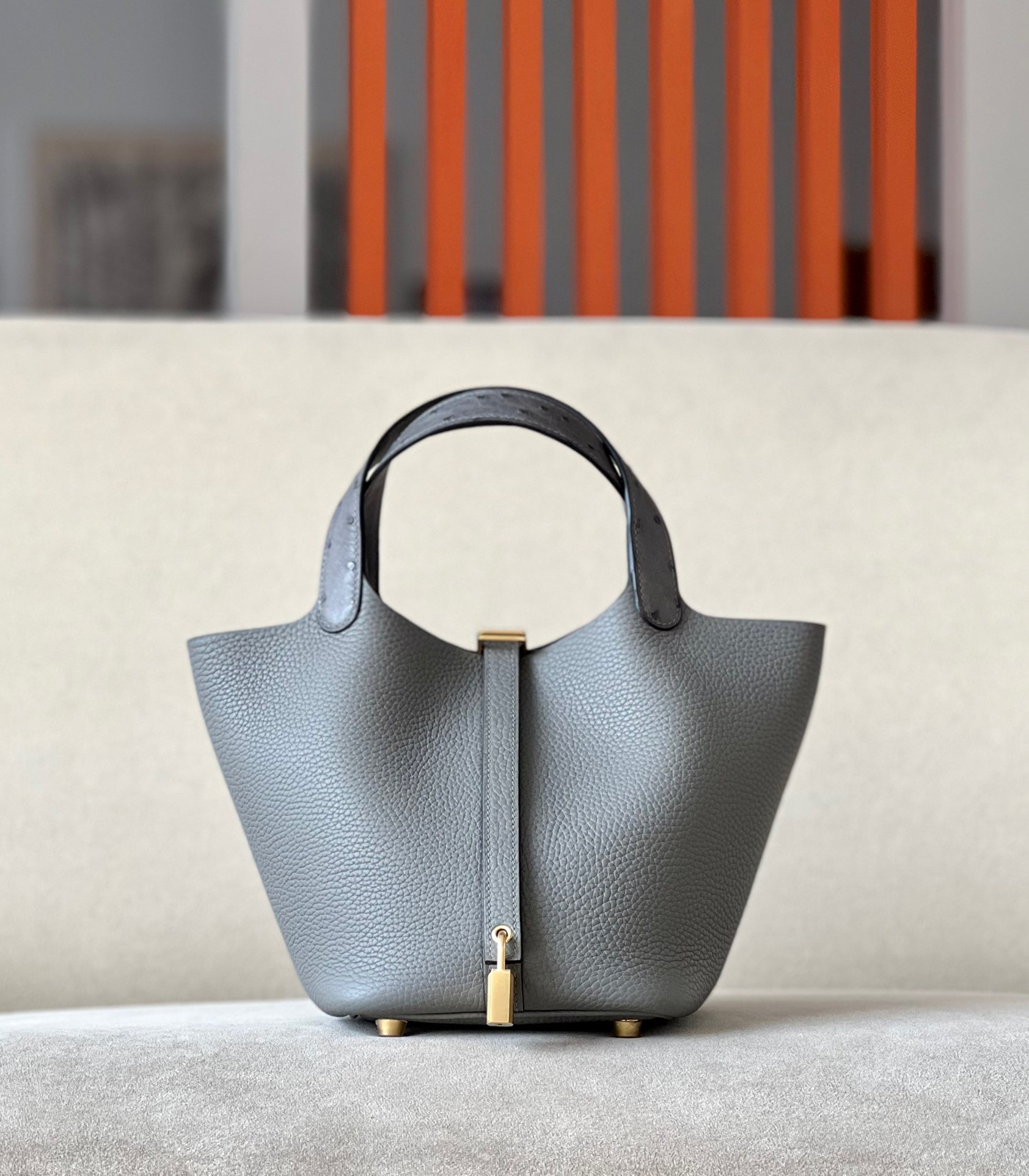 Hermes Picotin Ostrich skin with Togo #0L Gris Meyer18-22cm