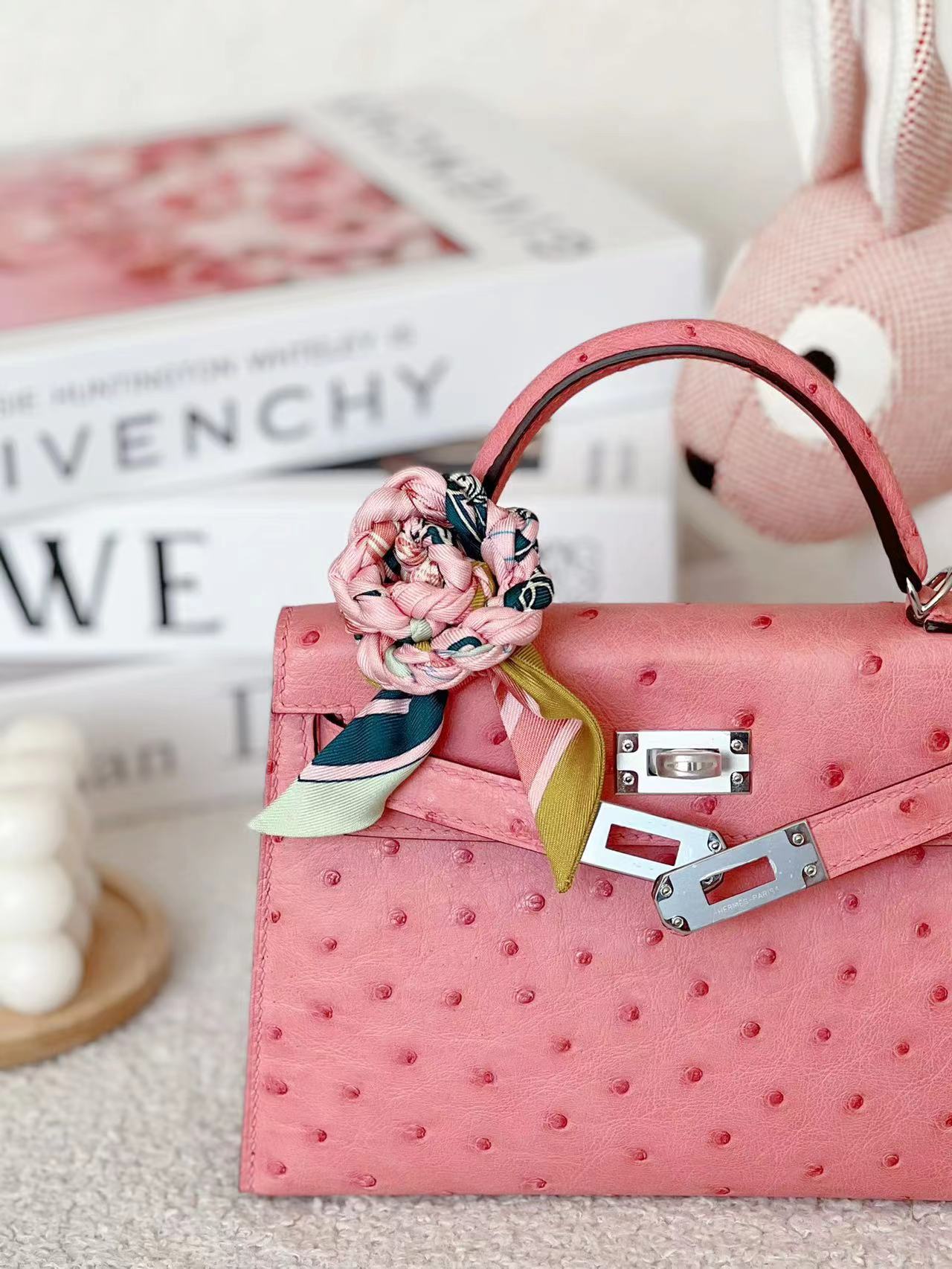 Hermes Mini Kelly  #1Q Rose confetti  Ostrich