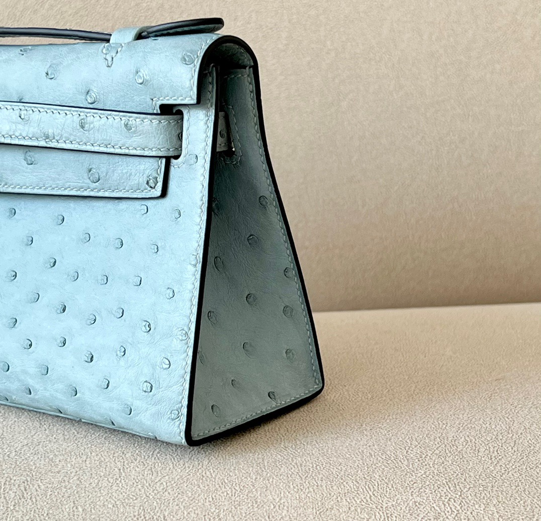 Hermes Mini Kelly  #T0 Blue Brume  Ostrich