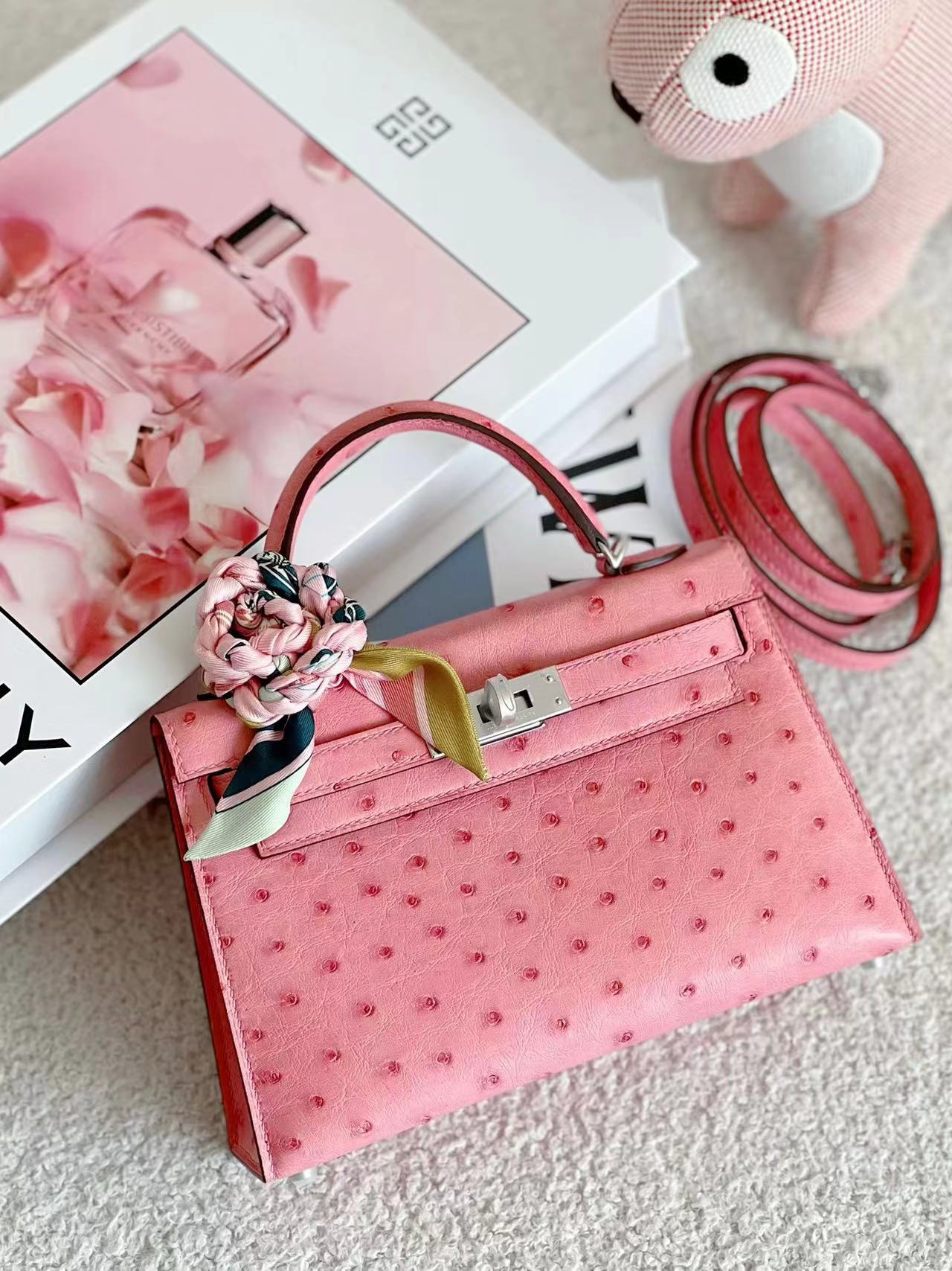 Hermes Mini Kelly  #1Q Rose confetti  Ostrich