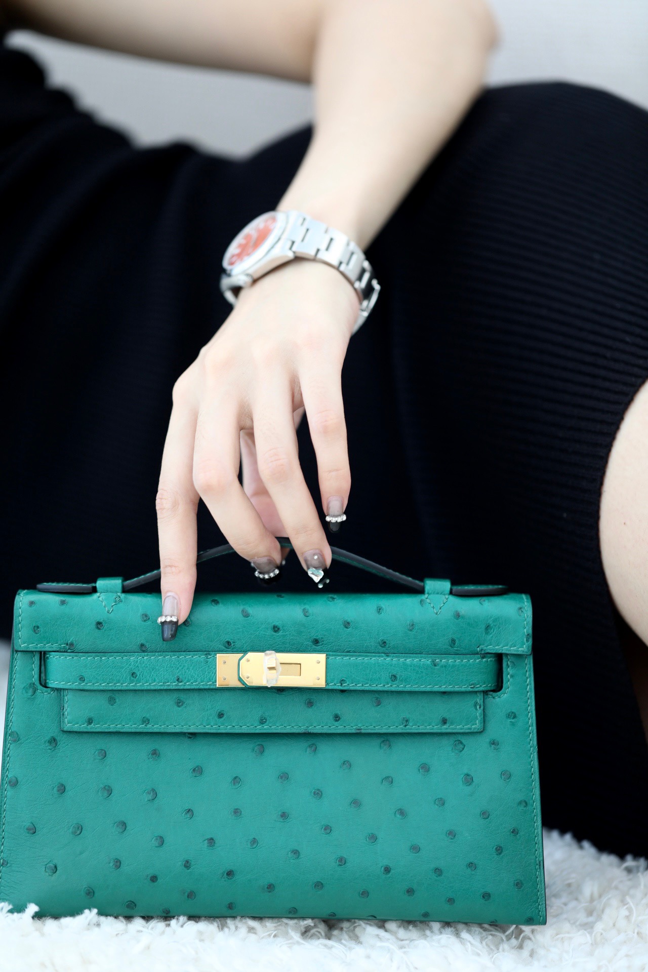 Hermes Kelly #U1 vERT Verone 22cm Ostrich