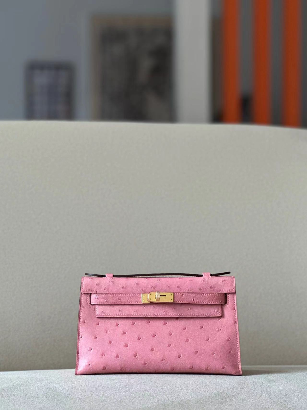 Hermes Kelly #1Q Rose confetti 22cm Ostrich