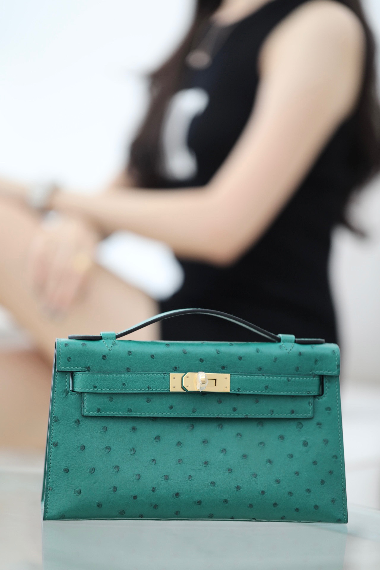 Hermes Kelly #U1 vERT Verone 22cm Ostrich