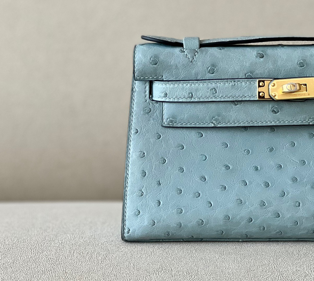 Hermes Mini Kelly  #T0 Blue Brume  Ostrich