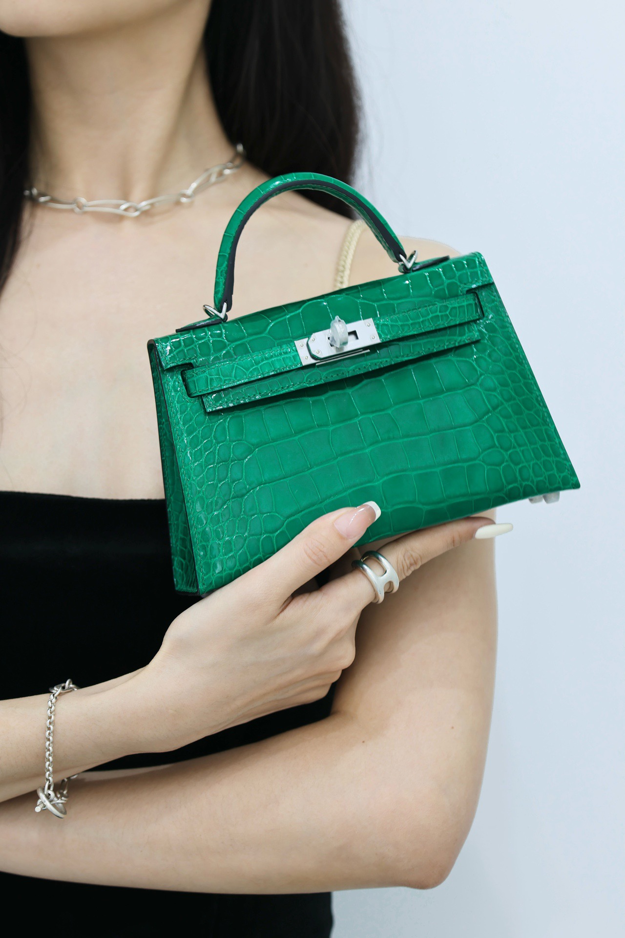 Crocodile skin Mini Kelly #6Q Vert Emeraude