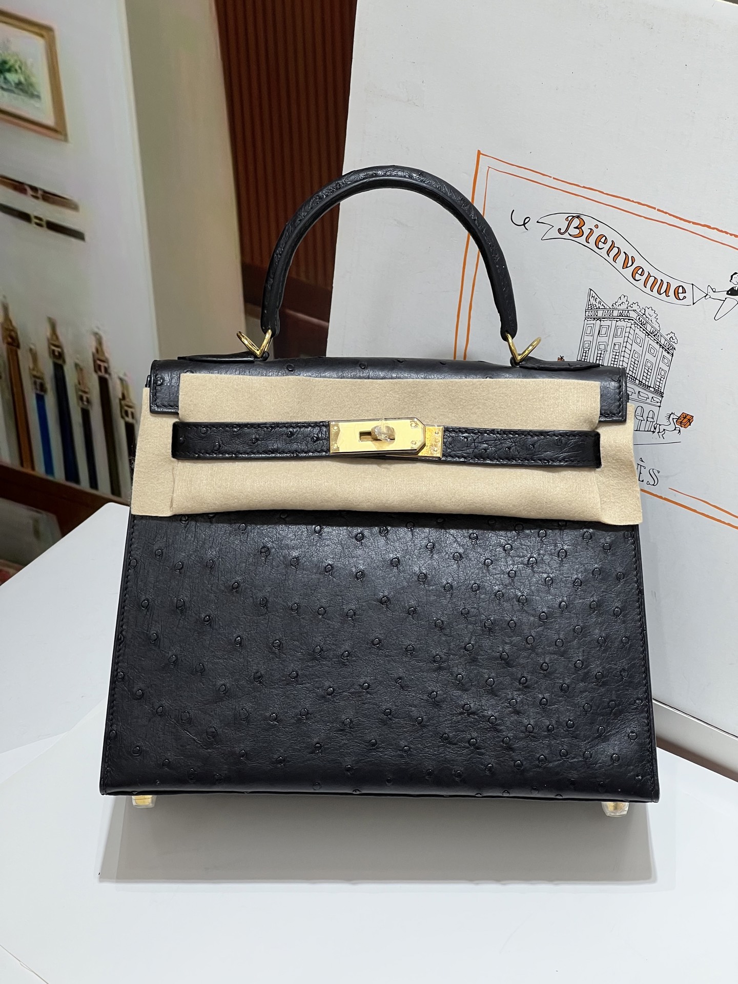 Hermes Kelly #89 Noir Ostrich 25-28cm