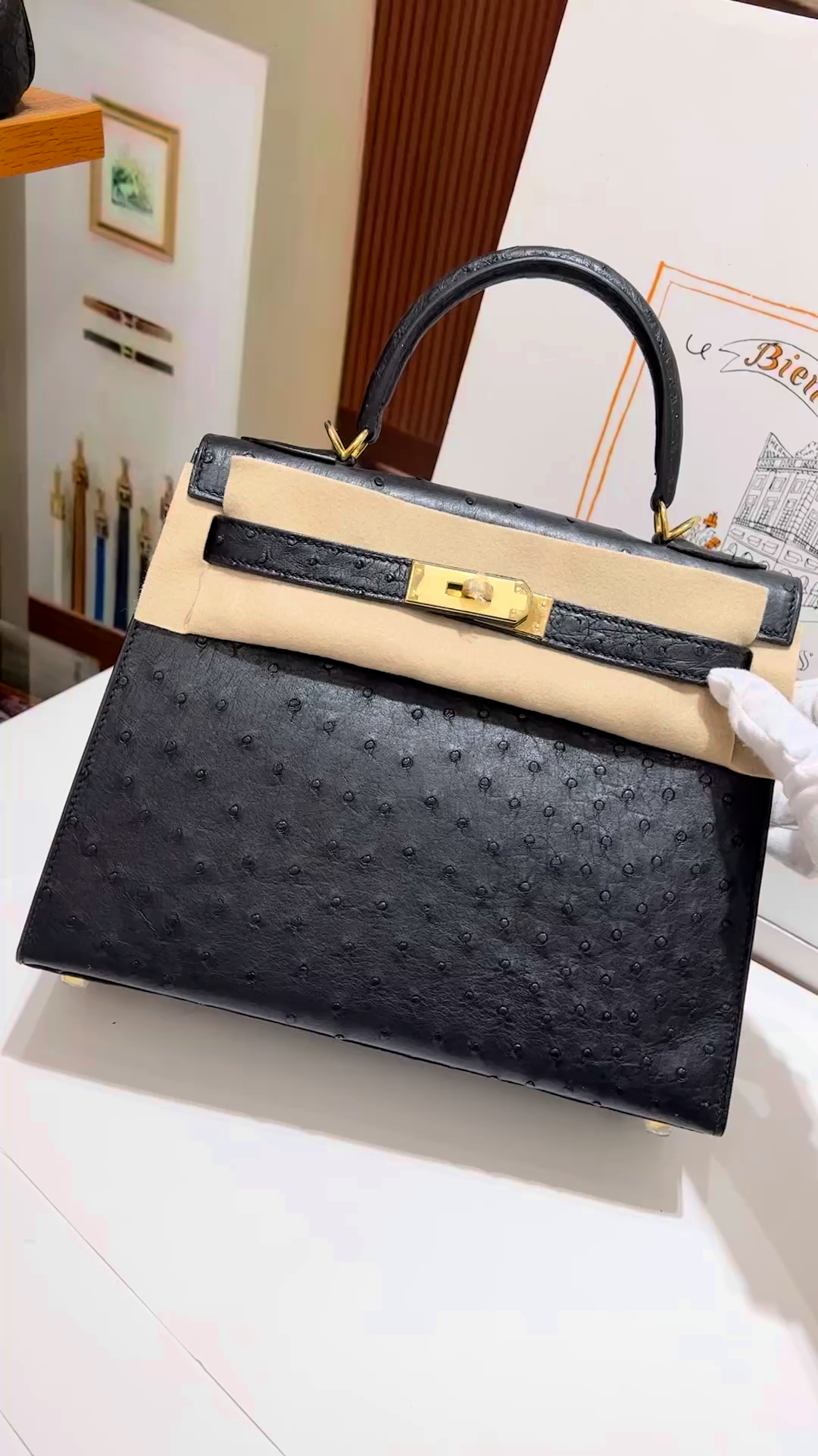 Hermes Kelly #89 Noir Ostrich 25-28cm