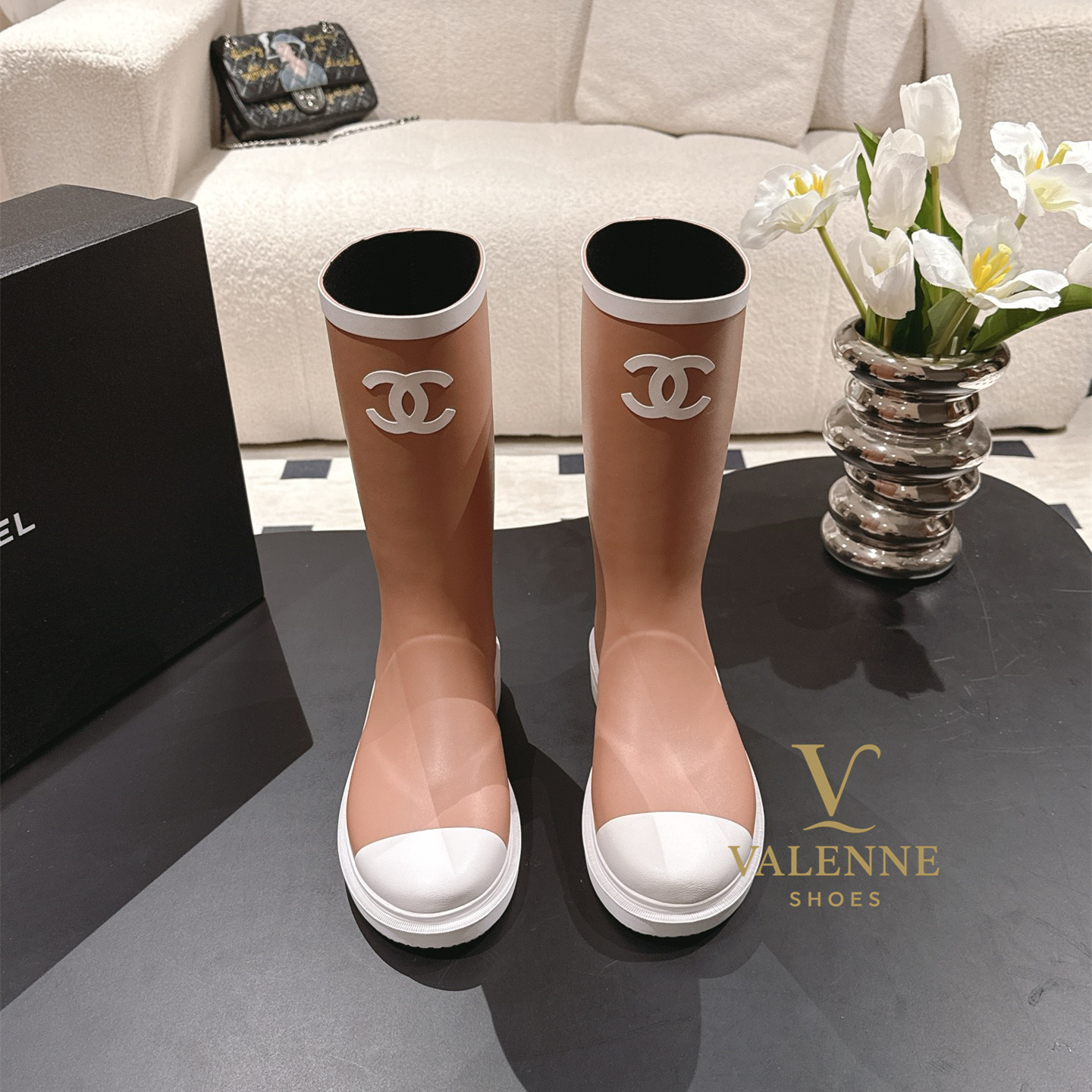 Cha Brown and White Rain Boots