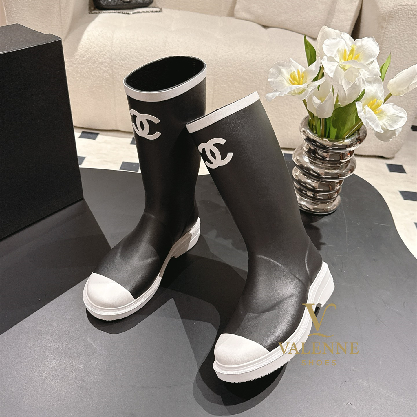 Cha Black and White Rain Boots