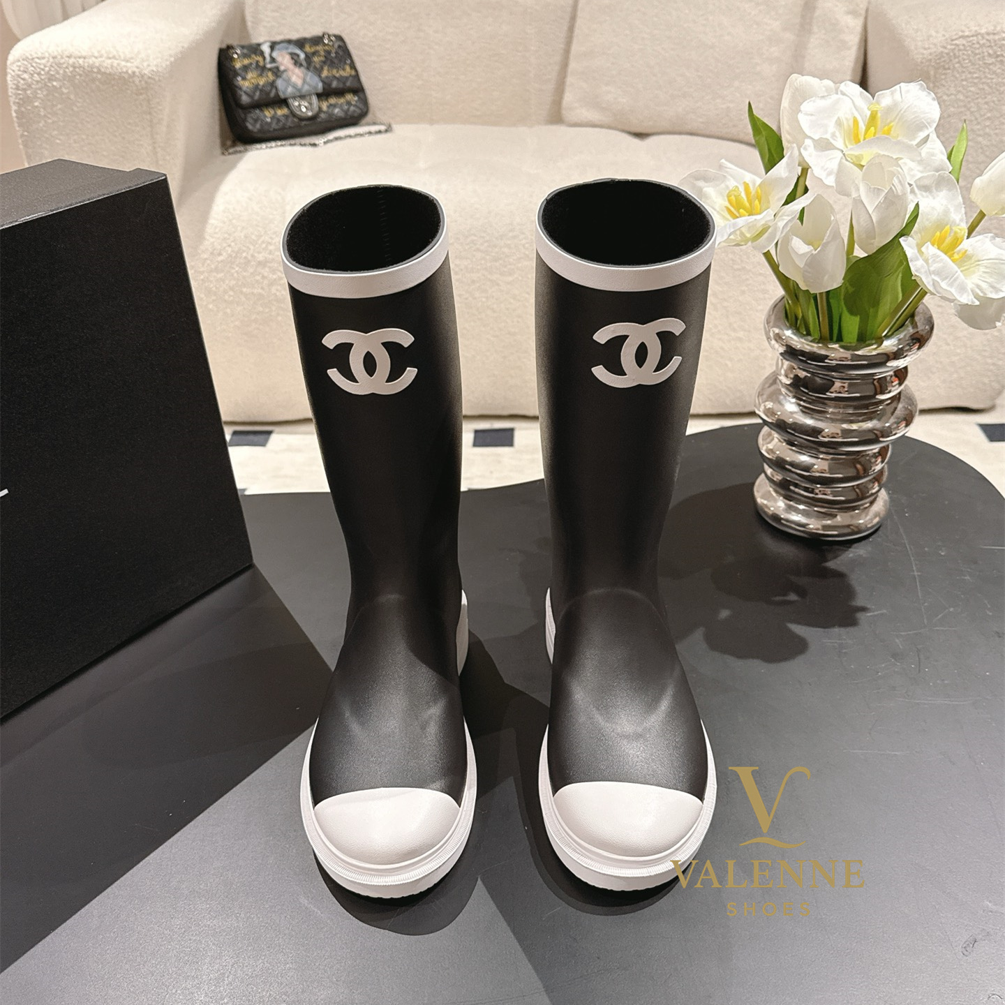 Cha Black and White Rain Boots