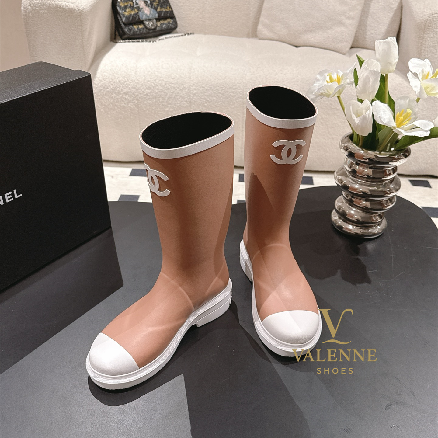 Cha Brown and White Rain Boots