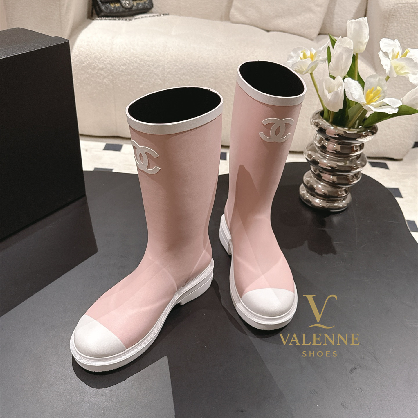 Cha Pink and white Rain Boots